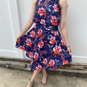 Ivanka Trump Navy Floral Midi Dress with Red and Pink Blooms